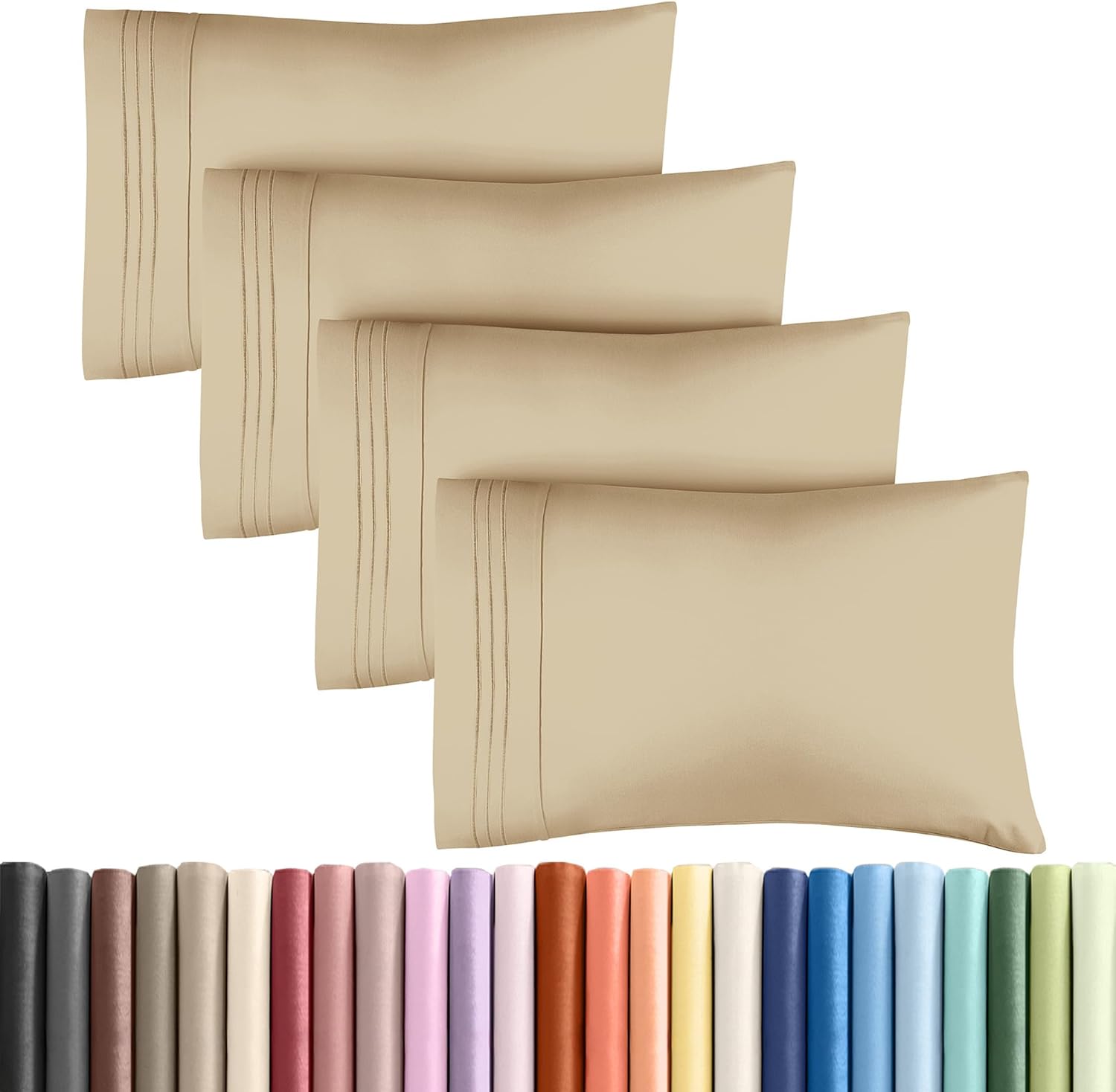 Queen Pillow Cases Set of 4 | Ultra Soft Hotel Quality Covers - Cozy, Wrinkle-Free, Stain Resistant - Beige