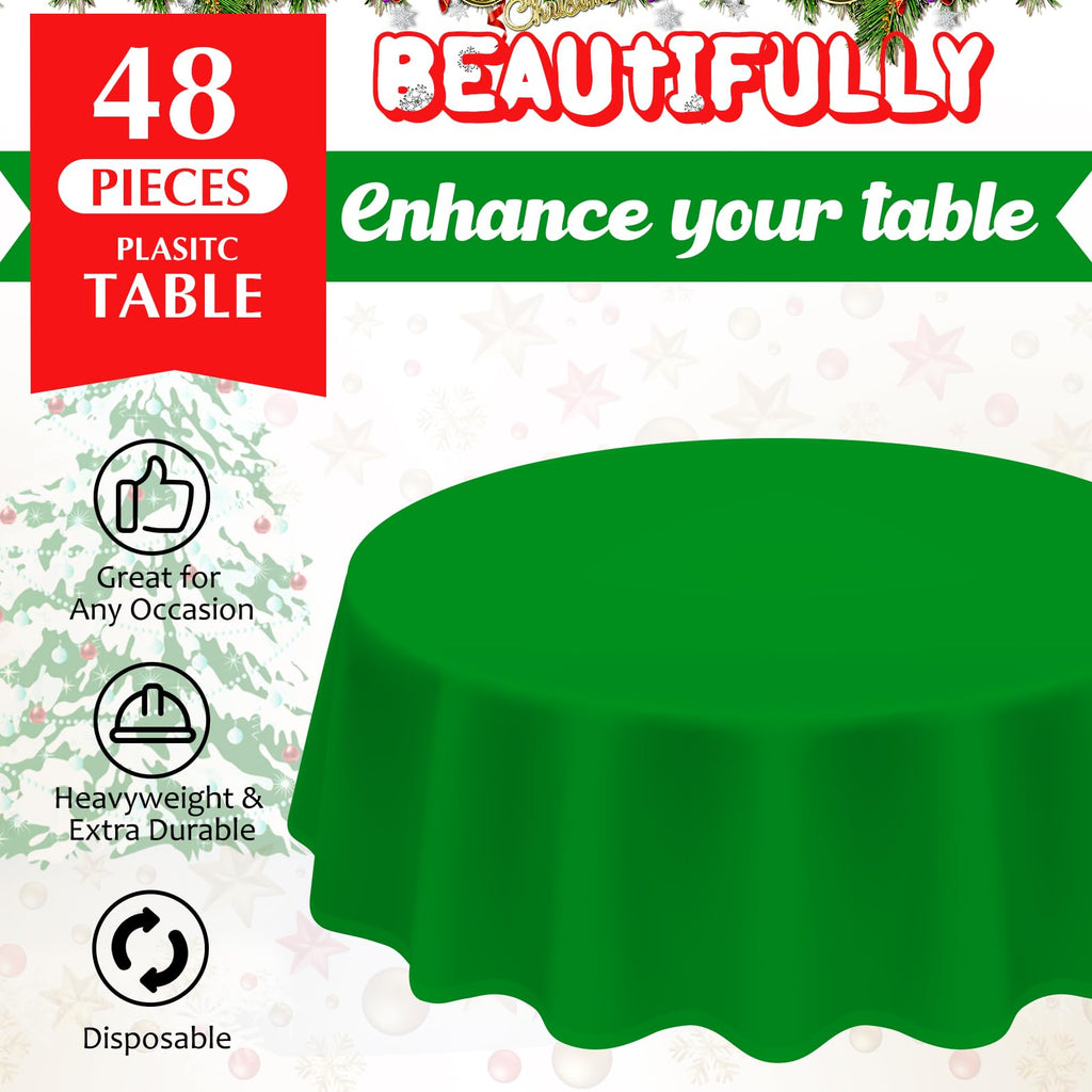 Amylove 48 Pcs Christmas Plastic Tablecloth 84 Inch Round Disposable Plastic Table Cloth Waterproof Decorative Table Cover for Parties Christmas Decor (Red,Green)