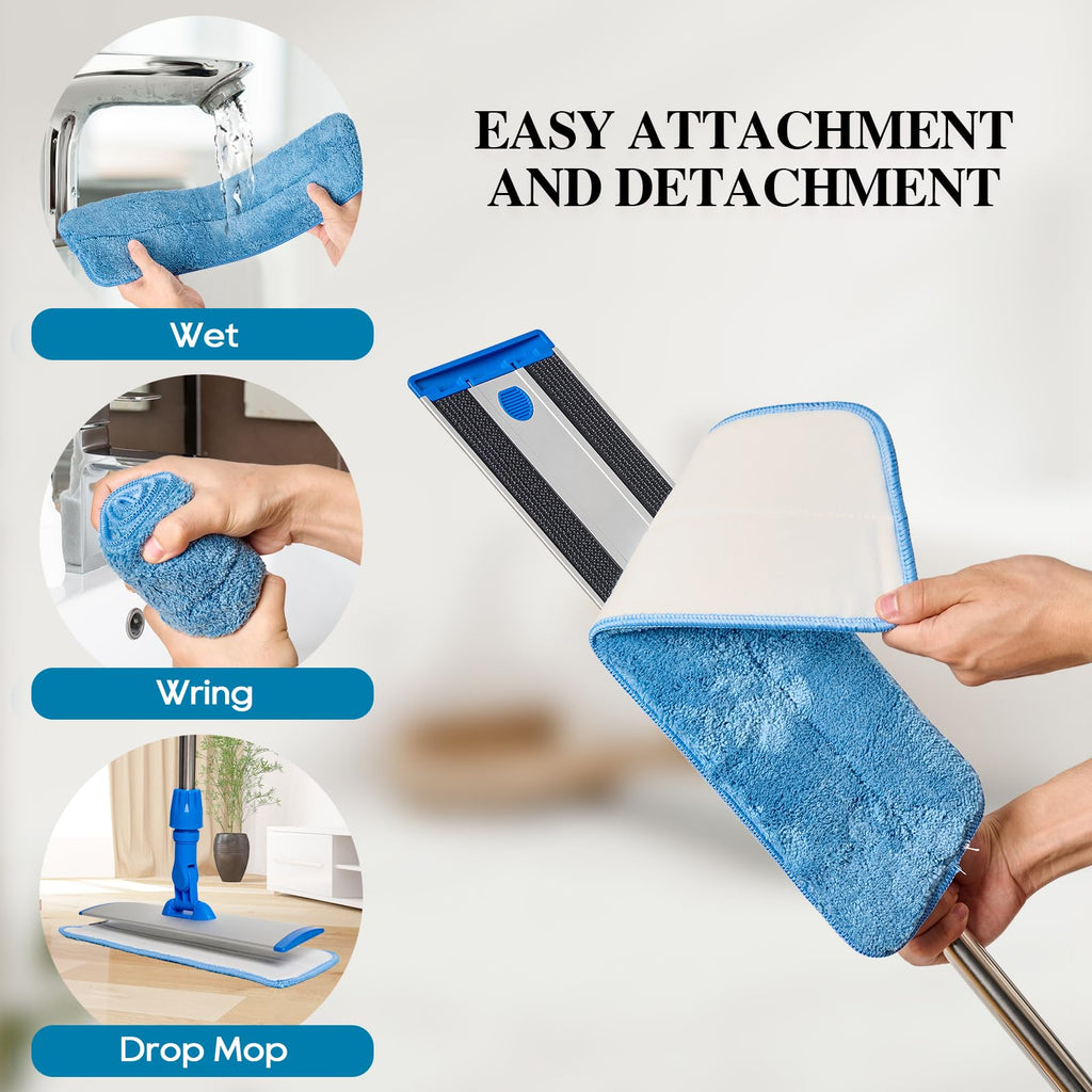 17.5'' Microfiber Mop for Floor Cleaning-Blue Flat Floor Mop with 58'' Stainless Steel Handle- 4 Reusable Washable Replacement Pads-Wet & Dry Use for Hardwood Tile Laminate-Home Kitchen Bathroom
