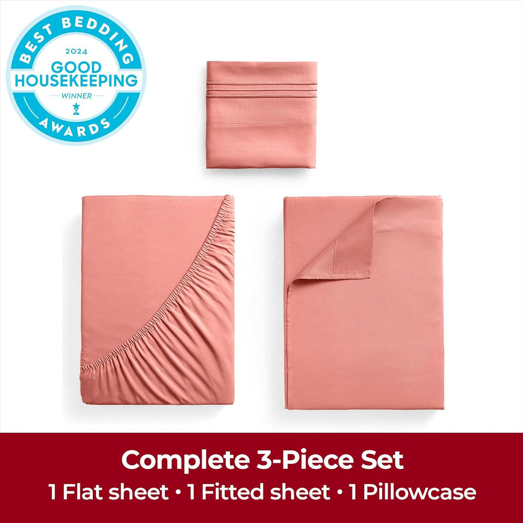 Mellanni Twin Sheets Set - 3 PC Hotel Luxury Bedding | Extra Soft, Cooling, Wrinkle-Resistant (Coral)