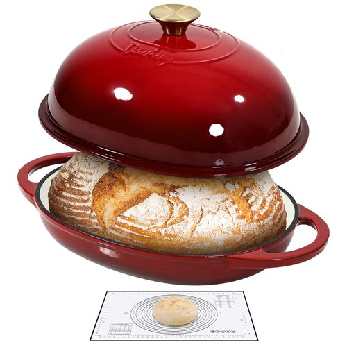 Davivy 6QT Oval Bread Dutch Oven with Silicone Baking Mat, Enameled Cast Iron Dutch Oven for Sourdough Bread Baking 6QT, Cast Iron Sourdough Bread Pan with Domed Lid - Ruby Red