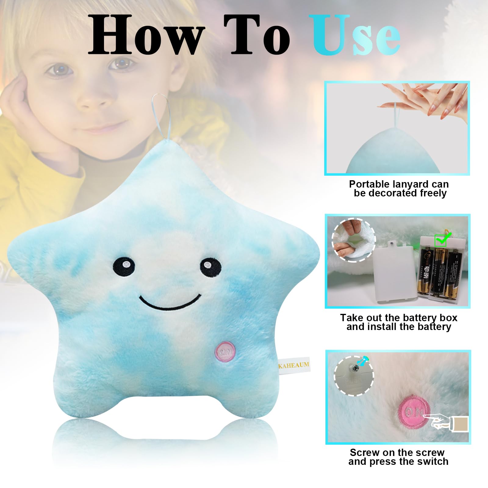 KAHEAUM LED Night Light Star Pillow for Kids Throw Pillow Home Decor Couch Bedroom Office, Cute Stuffed Animals for Girls Plushies Boys Children Toys Daughter Doll Christmas Birthday Gifts White Blue