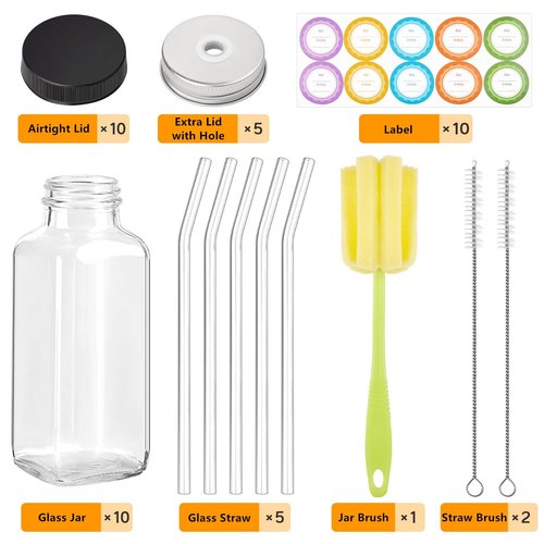 TUZAZO 10 Pack 12 Oz Glass Juice Bottles with Lids, Reusable Travel Drinking Jars Juice Containers, Glass Bottles for Juicing with Brush, Straws, Lids with Hole