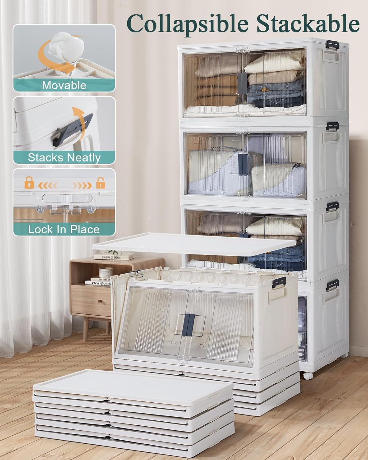 OlarHike 97QT Stackable Storage Bins - Collapsible Plastic Boxes with Lids & Wheels | 4 Pack for Easy Organization