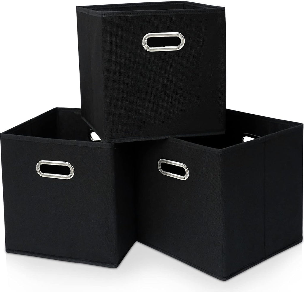 Skiennix Black Fabric Cubby Storage Bins - Foldable 13x13x13 Inch Cube Organizer | Set of 3 with Dual Handles