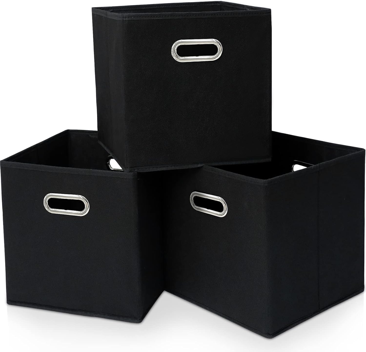 Skiennix Black Fabric Cubby Storage Bins - Foldable 13x13x13 Inch Cube Organizer | Set of 3 with Dual Handles