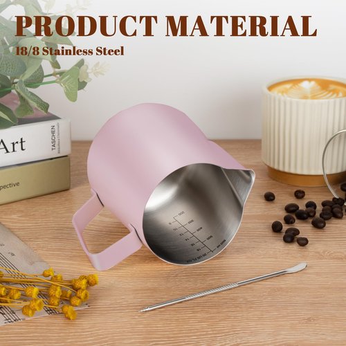 Amrules Milk Frothing Pitcher, 20 oz Milk Frother Cup with Clear Scale, 304 Stainless Steel Cappuccino Espresso Machine Accessories for Barista Coffee Bar with Latte Art Pen, Pink
