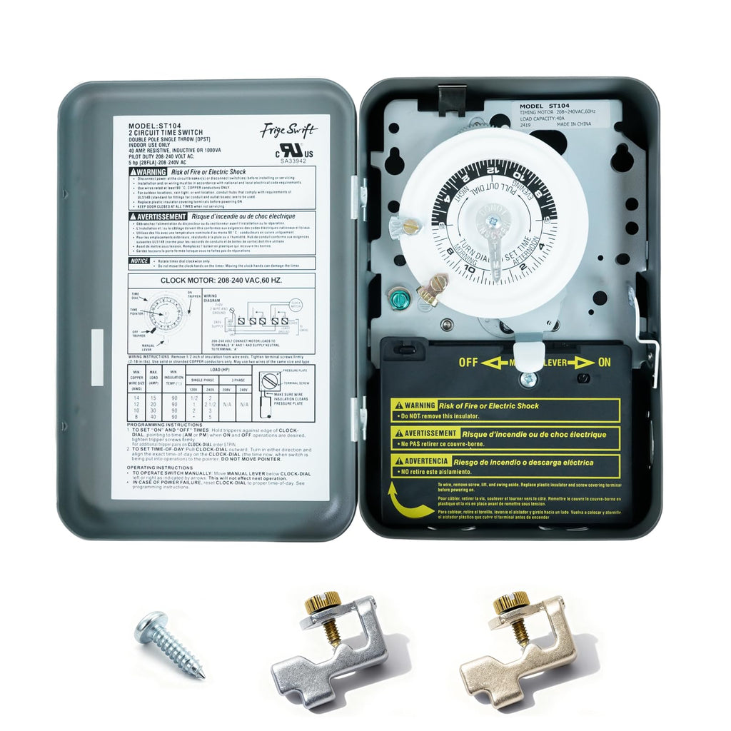 T104 24-Hour Heavy-Duty Mechanical Timer, 40A DPST Switch, 12 On/Off Cycles, 208-240V, for Commercial Defrost, Lighting & Water Heaters，Indoor Use Only