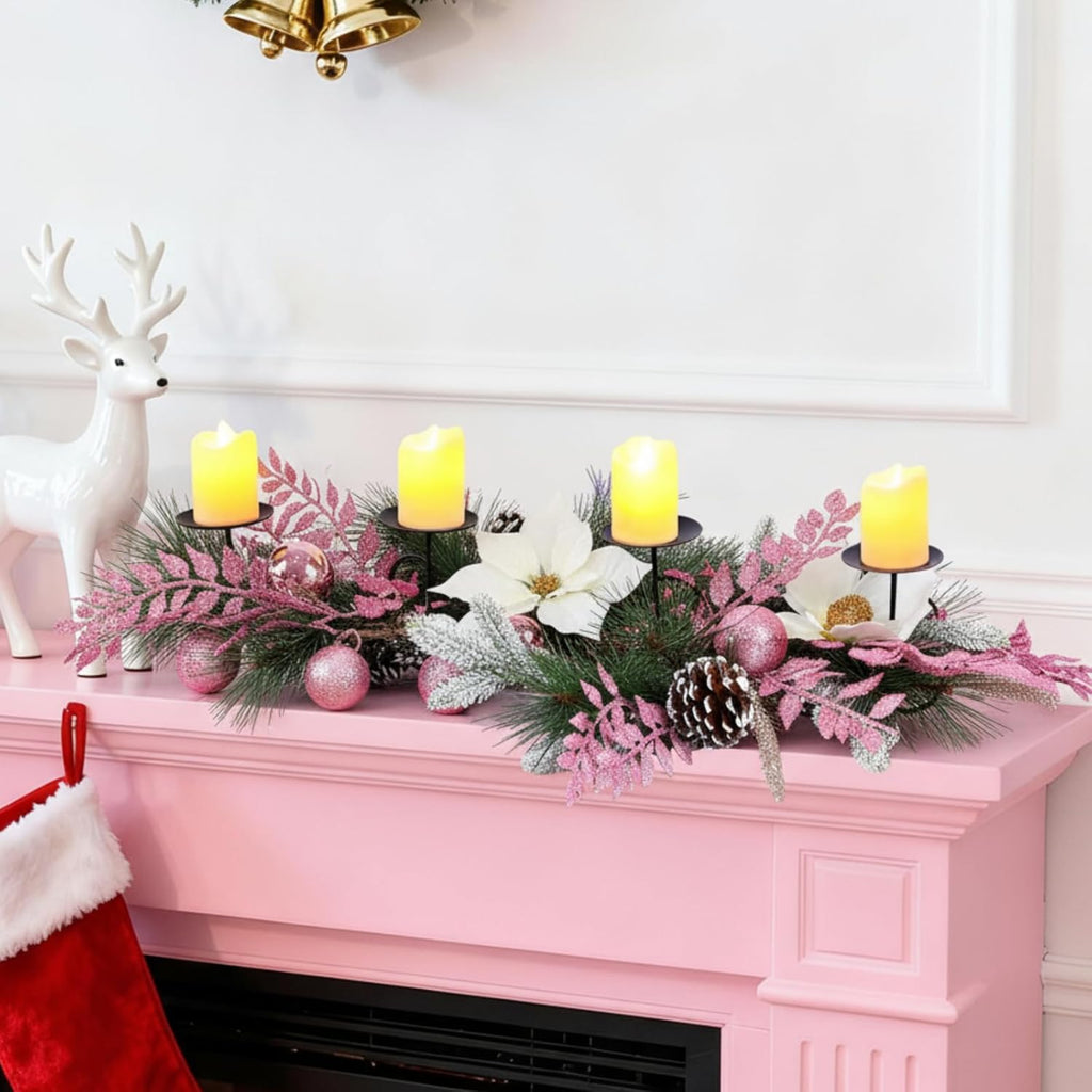 Maxdot Pink Christmas Candle Holder - Elegant Metal Poinsettia Design for Dining Table Decor | Festive Centerpiece