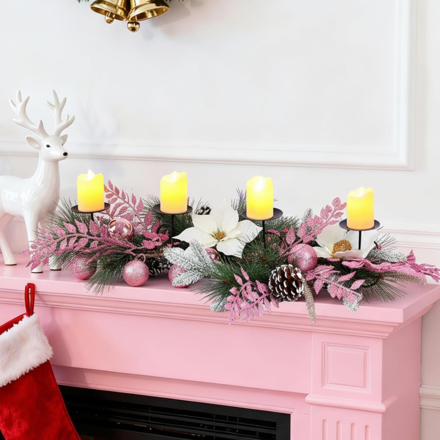 Maxdot Pink Christmas Candle Holder - Elegant Metal Poinsettia Design for Dining Table Decor | Festive Centerpiece