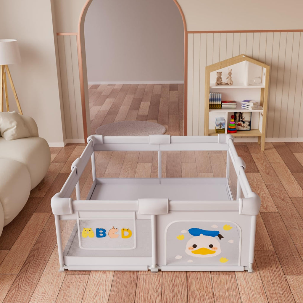 Baby Playpen Baby Playard for Babies and Toddlers, Indoor & Outdoor Kids Activity Center, Sturdy Safety Anti-Fall Play Yard with Soft Breathable Mesh, Kid's Fence for Infants Toddlers, Grey, 71″×47″