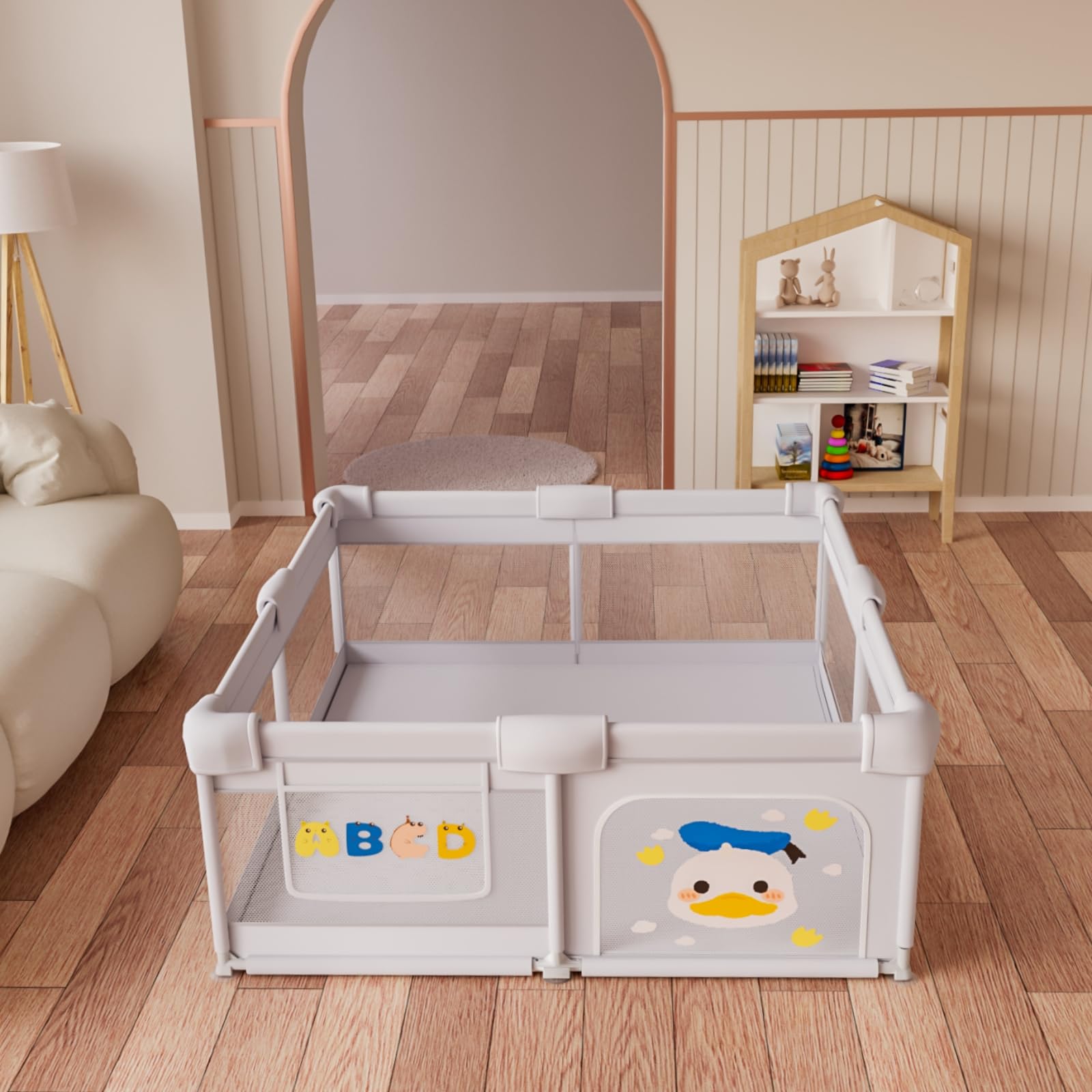 Baby Playpen Baby Playard for Babies and Toddlers, Indoor & Outdoor Kids Activity Center, Sturdy Safety Anti-Fall Play Yard with Soft Breathable Mesh, Kid's Fence for Infants Toddlers, Grey, 71″×47″