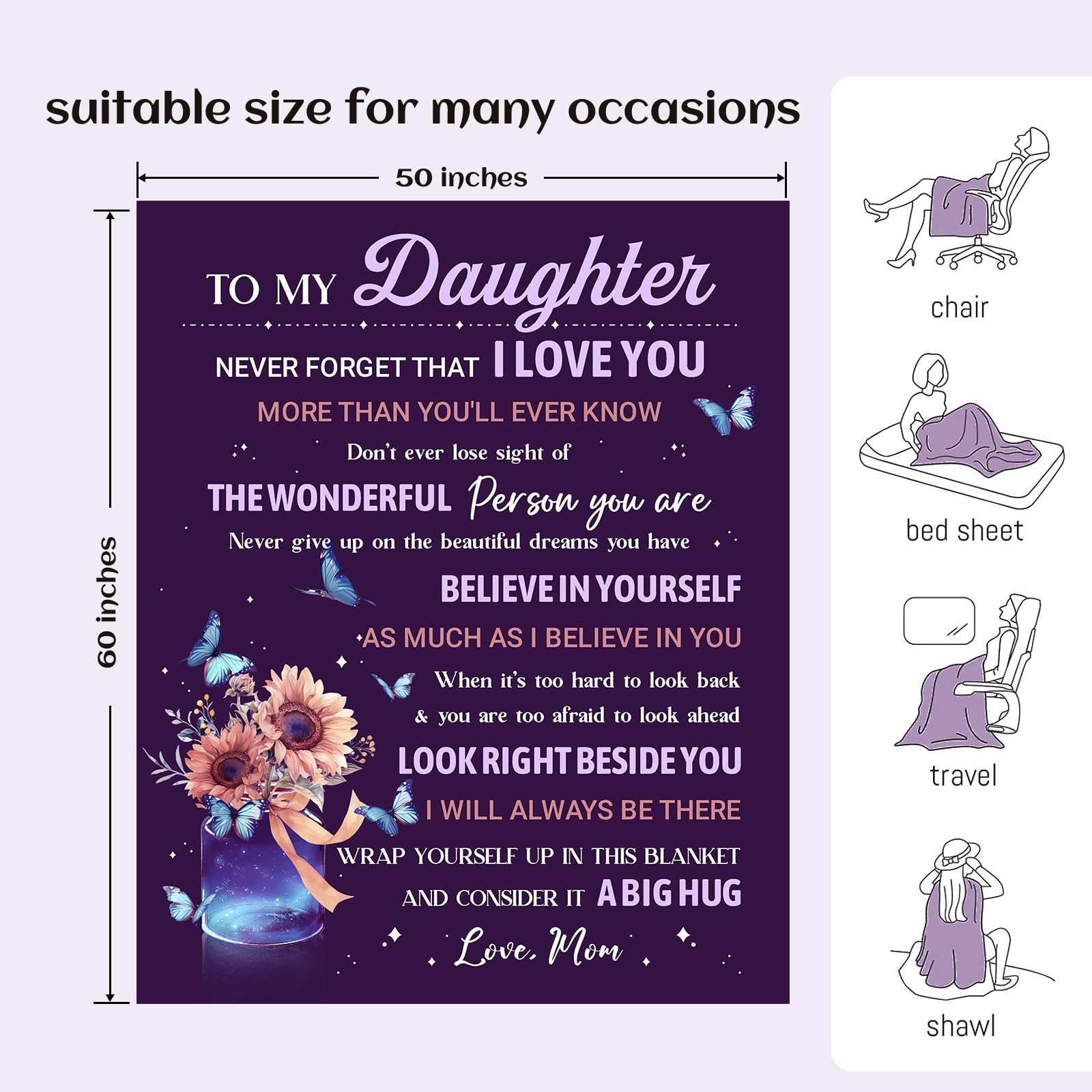 Flpoxzd Daughter Gifts from Mom, Daughter Birthday Gifts, Daughters Blanket, Birthday Gifts for Daughters Adult Idea, Graduation Present for Daughters 60”x50”
