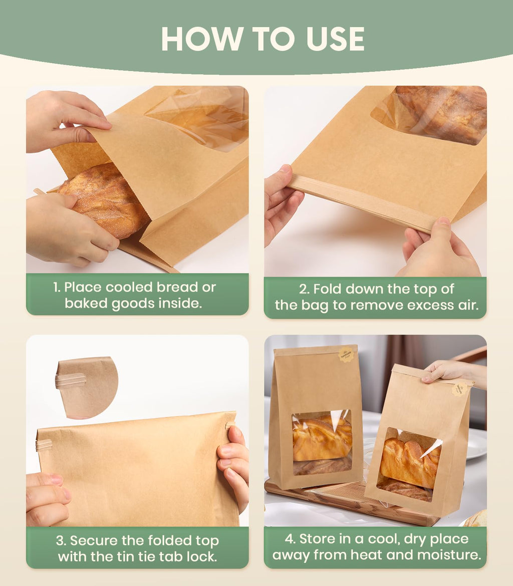 Perenllareta 50 Pack Heavy Duty Sourdough Paper Bags Resealable with Window for Round Loaf Selling | Large Thick Kraft Brown Bags for Homemade Bread Gift Giving Sour Dough Packaging 13.6x8.3x4.1in