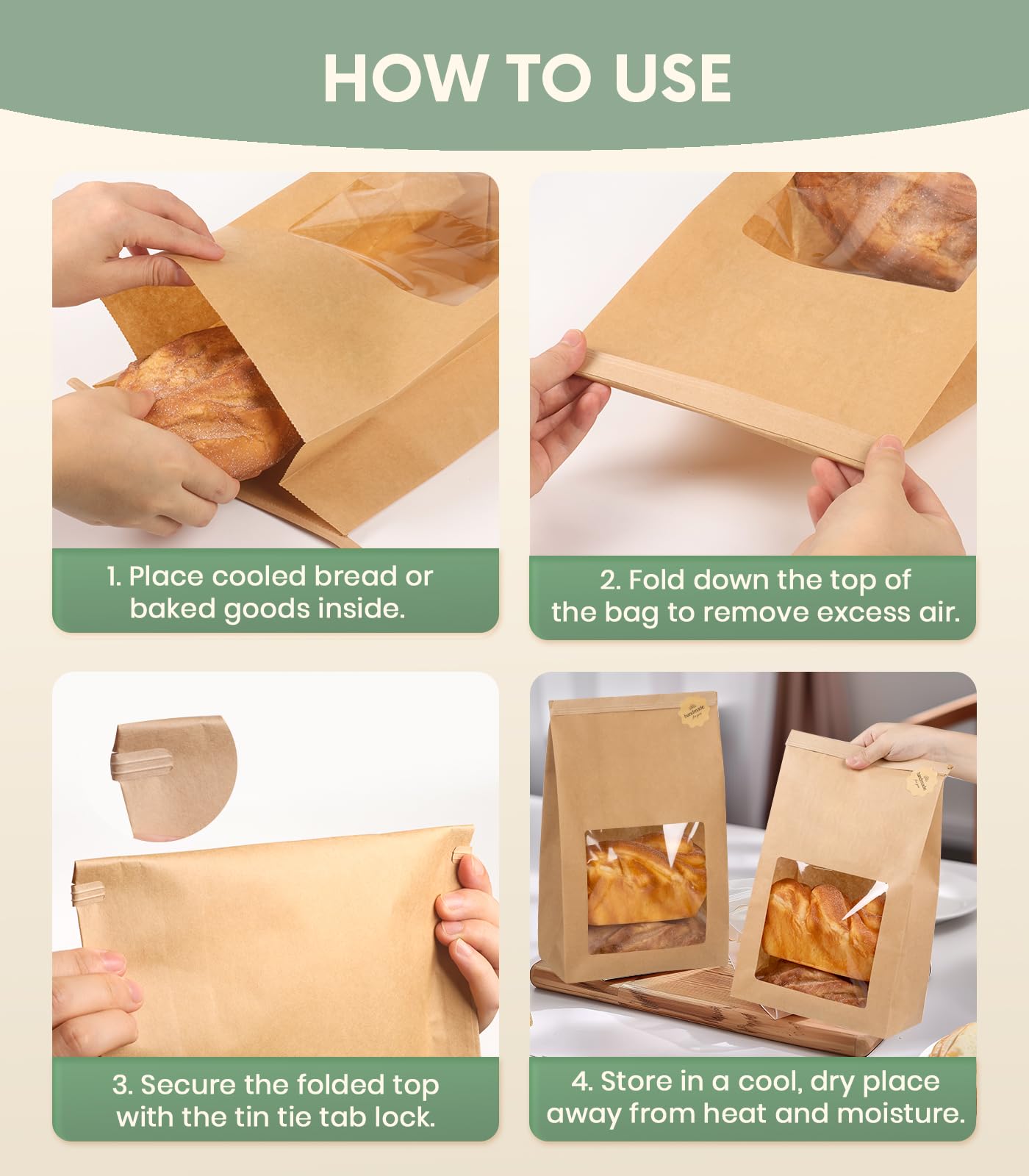 Perenllareta 50 Pack Heavy Duty Sourdough Paper Bags Resealable with Window for Round Loaf Selling | Large Thick Kraft Brown Bags for Homemade Bread Gift Giving Sour Dough Packaging 13.6x8.3x4.1in