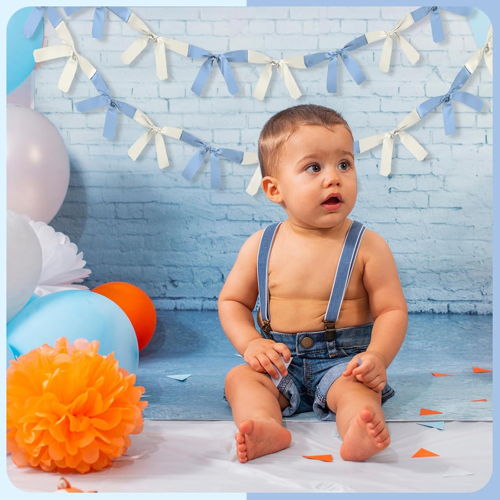 Skiennix Baby Blue & White Bow Garland Banner - 16.4 ft Party Decorations for Girls' Birthdays & Showers
