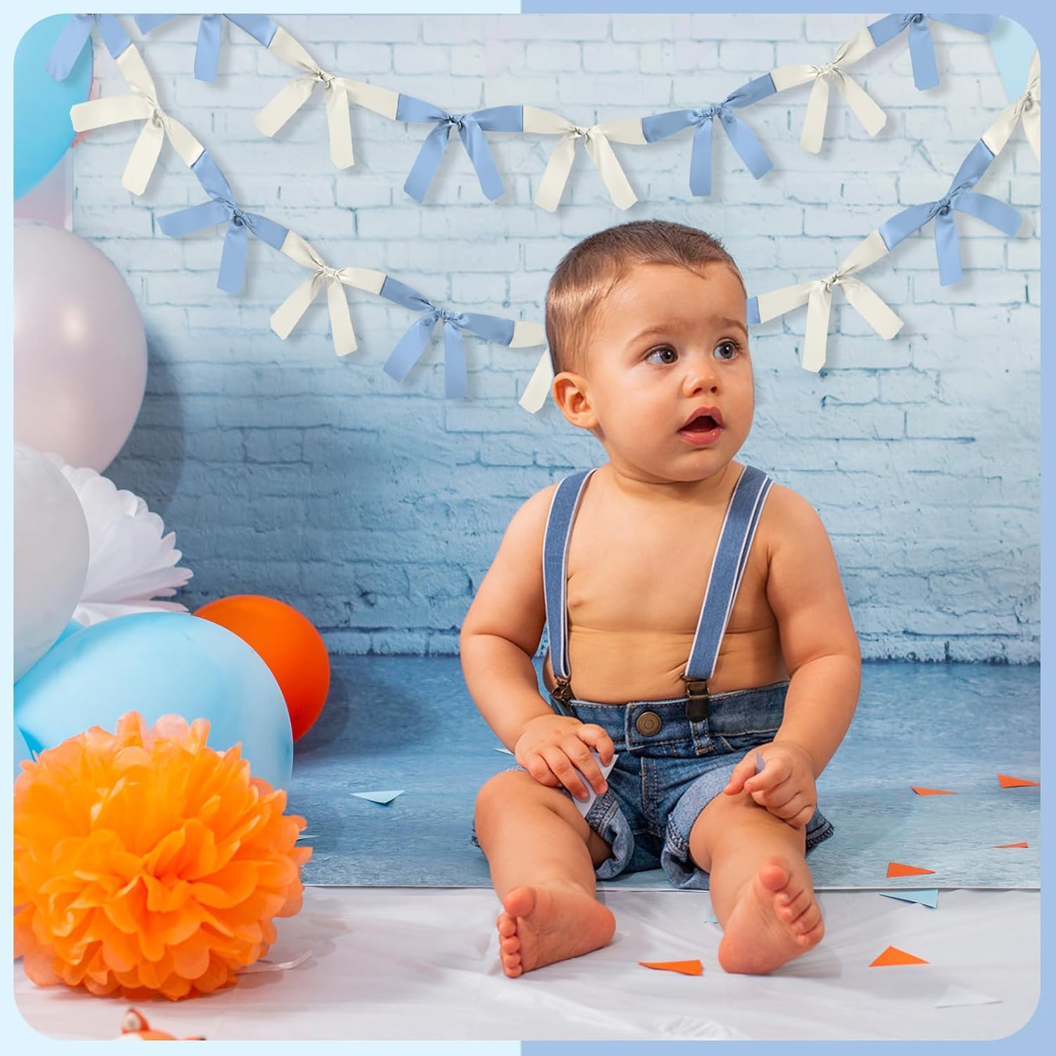 Skiennix Baby Blue & White Bow Garland Banner - 16.4 ft Party Decorations for Girls' Birthdays & Showers