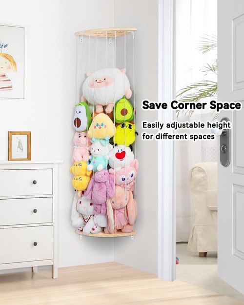 Corner Stuffed Animal Storage Net - Heigh Adjustable Wood Stuffed Animal Organizer - Large Wall Plush Holder Teddy Bear Storage for Bedroom Nursery Decor