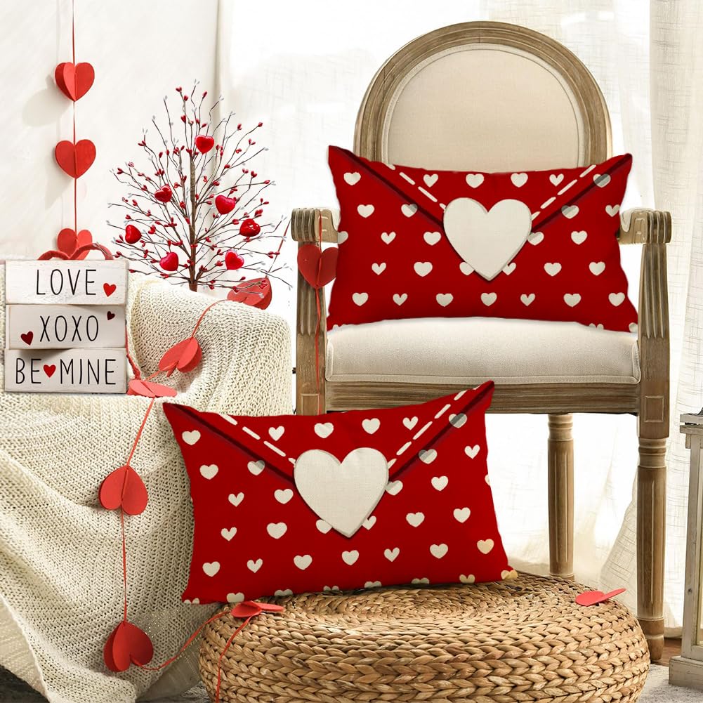 RABUSOFA Valentines Pillow Covers 12x20 inch Valentines Day Decoration Red Love Heart Anniversary Wedding Lumbar Throw Pillowcase for Couch Home Decor Red