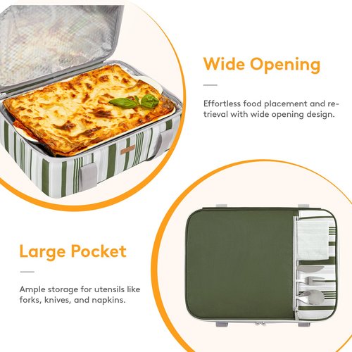 LUNCIA Insulated Single Decker Casserole Carrier, Lasagna Lugger Tote Keeps Food Hot or Cold, Thermal Lunch Bag for Potluck Parties, Picnic and Cookouts, Fits 9" x 13" Baking Dish, Dark Green
