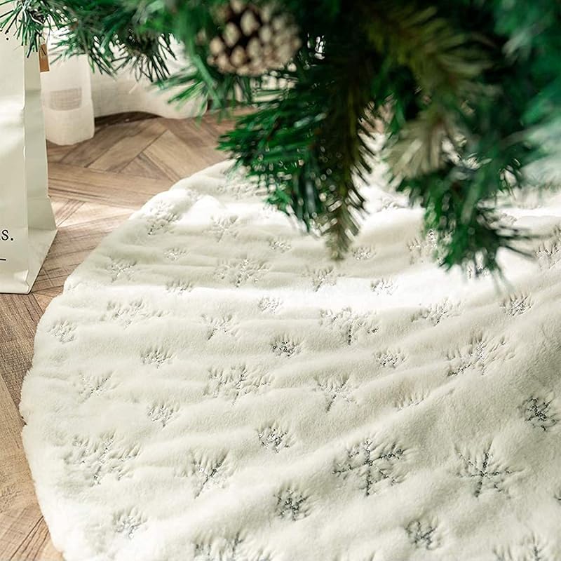 Luxury Snowy White Plush Christmas Tree Skirt 57 Inches with Silver Snowflakes