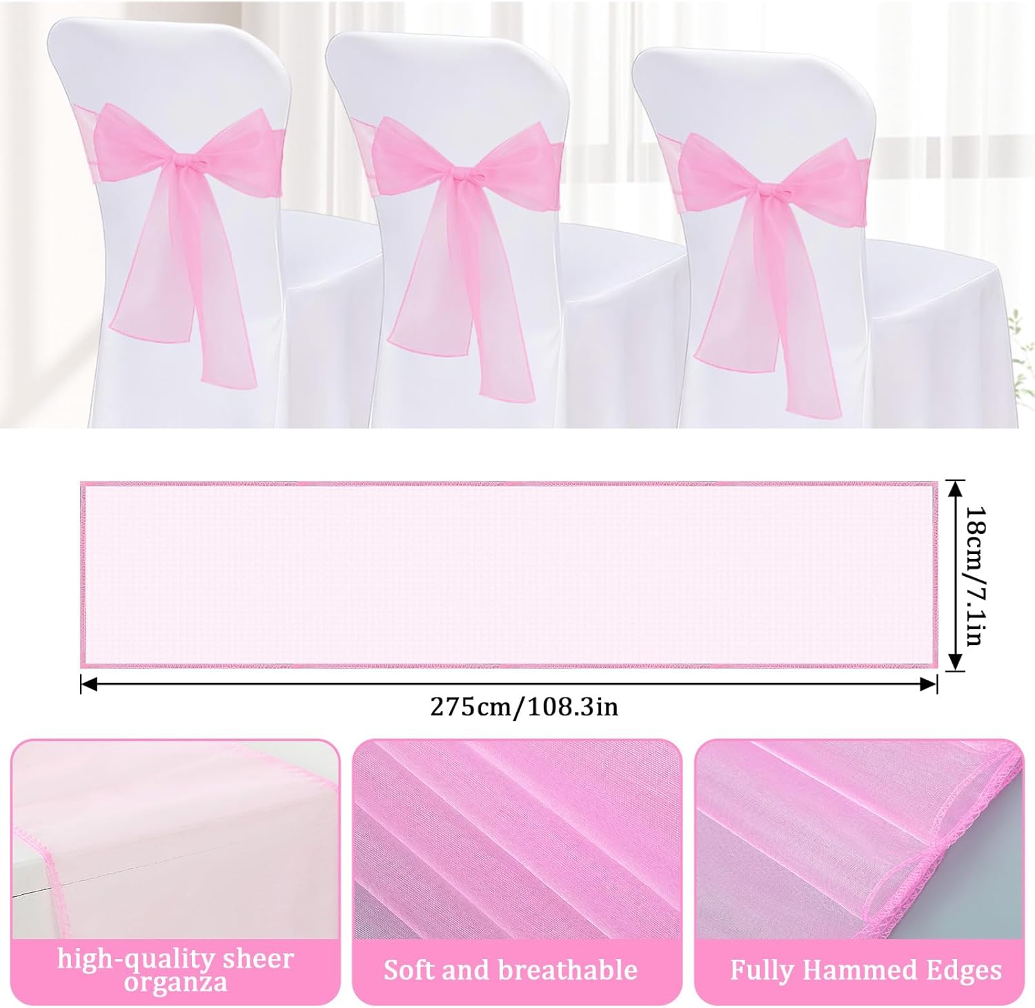 Skiennix Pink Chair Sashes - Elegant Organza Chair Bows for Weddings & Parties | 10PCS Set
