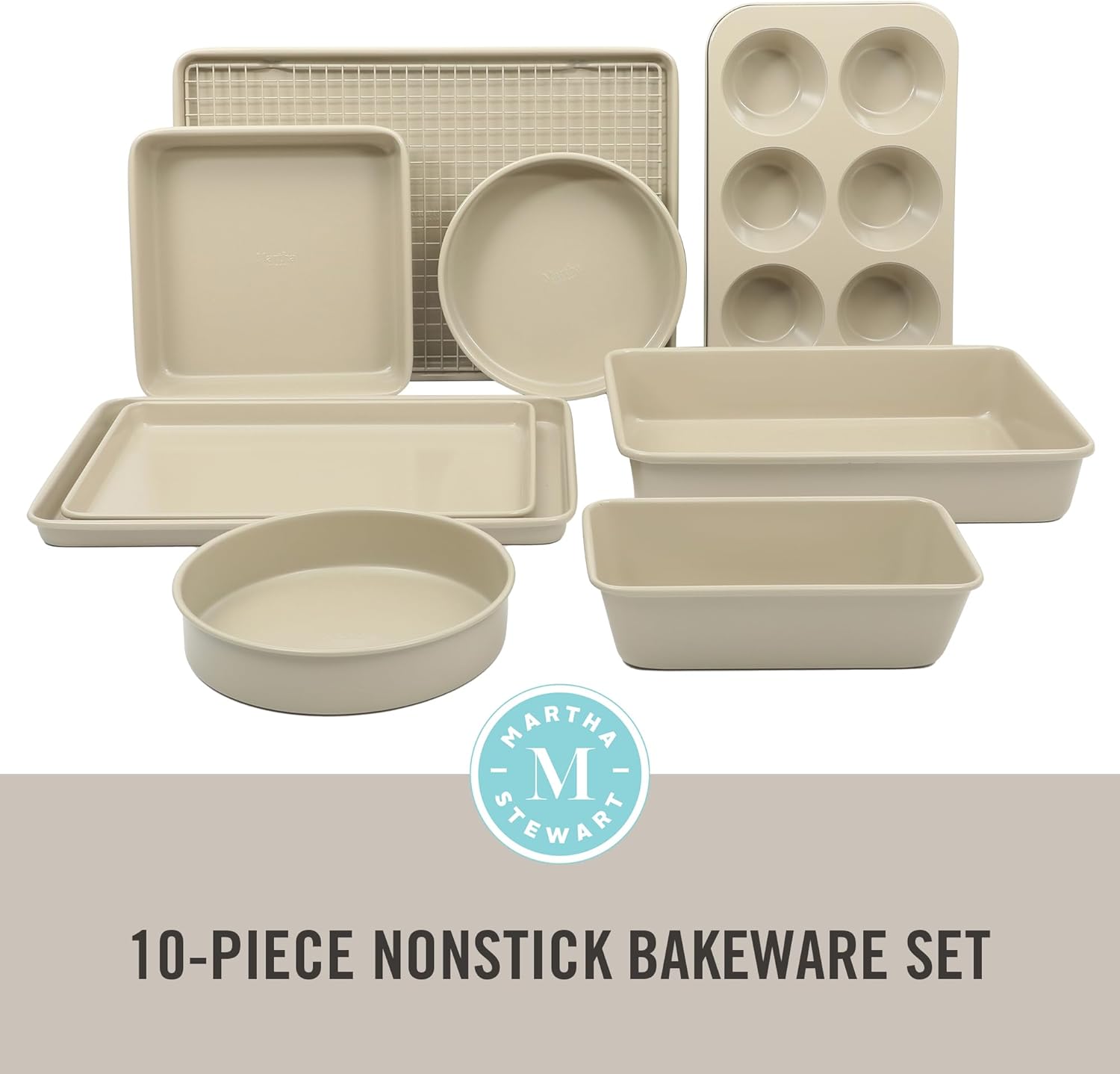 Martha Stewart Gallen 10-Piece Non-Stick Bakeware Set | Ceramic, PFA-Free, Non-Toxic - Taupe