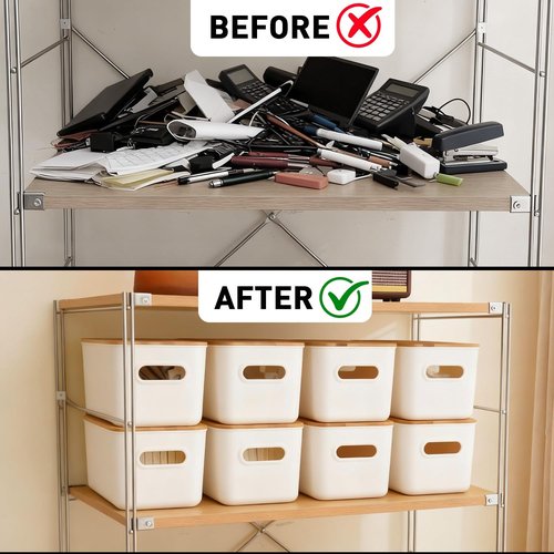 Citylife Storage Bins - Stackable 7QT Plastic Organizer Boxes with Bamboo Lids | 4 PCS, 10" L x 7" W x 5.8" H
