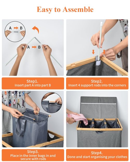 OTraki 3 Section Laundry Hamper with Lid, 150L Clothes Hampers for Laundry with Bamboo Handles and Removable Bag, Large Foldable Laundry Basket for Bedroom, Bathroom, Dorm, Laundry Room, Grey