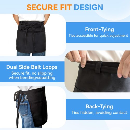 LOHYILYE 3 Pack Waitress Aprons with 3 Pockets, Server Apron for Waitress Waiter, Waist Half Serving Black Apron for Women Men, 12 inch