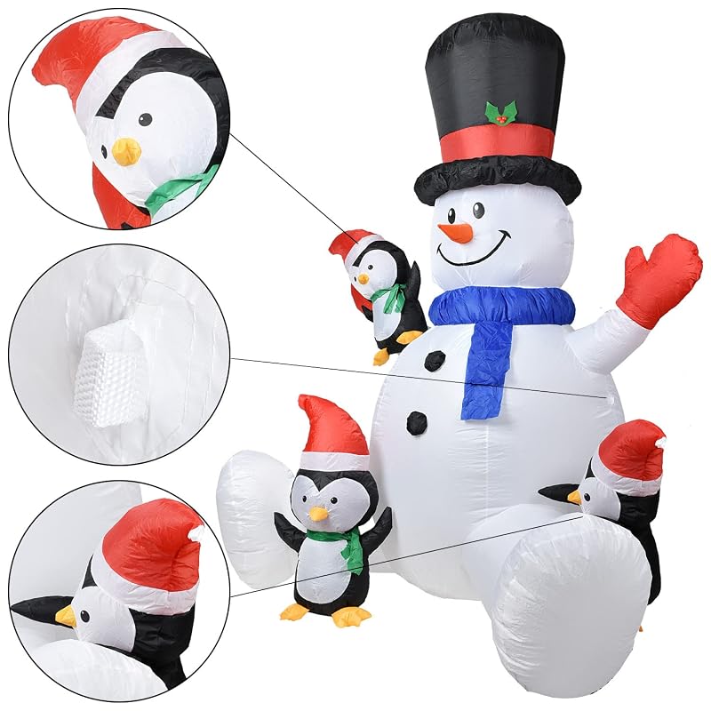 7 ft Lighted Christmas Inflatable Snowman with Three Penguins - Outdoor Holiday Yard Decor