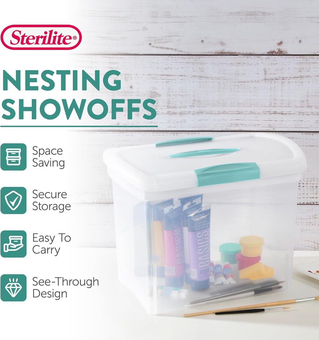 Sterilite Large Nesting ShowOffs - Stackable Storage Bins with Latching Lid & Handle | Clear 6-Pack for Office Organization