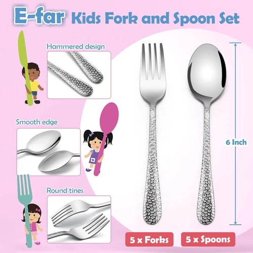 E-far Toddler Forks and Spoons Set - 10-Piece Stainless Steel Utensils for Safe Self-Feeding | Non-Toxic & Dishwasher Safe