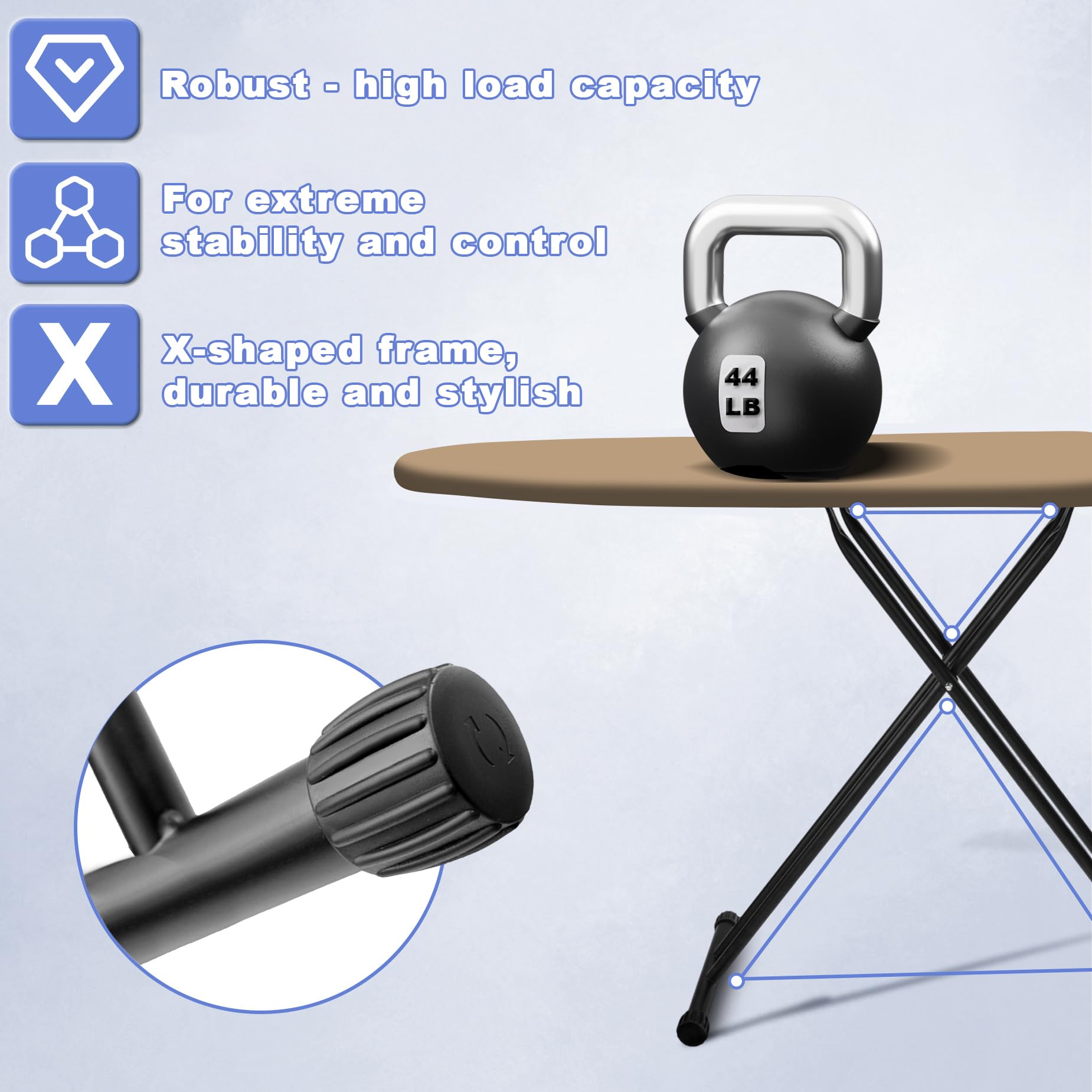 HLILBTE Ironing Board, Compact Ironing Board 13x43 Ironing Area with Extra Thick Heavy Duty Padded Cover, Stable Structure, Easy to Fold,Iron Mat, Brown