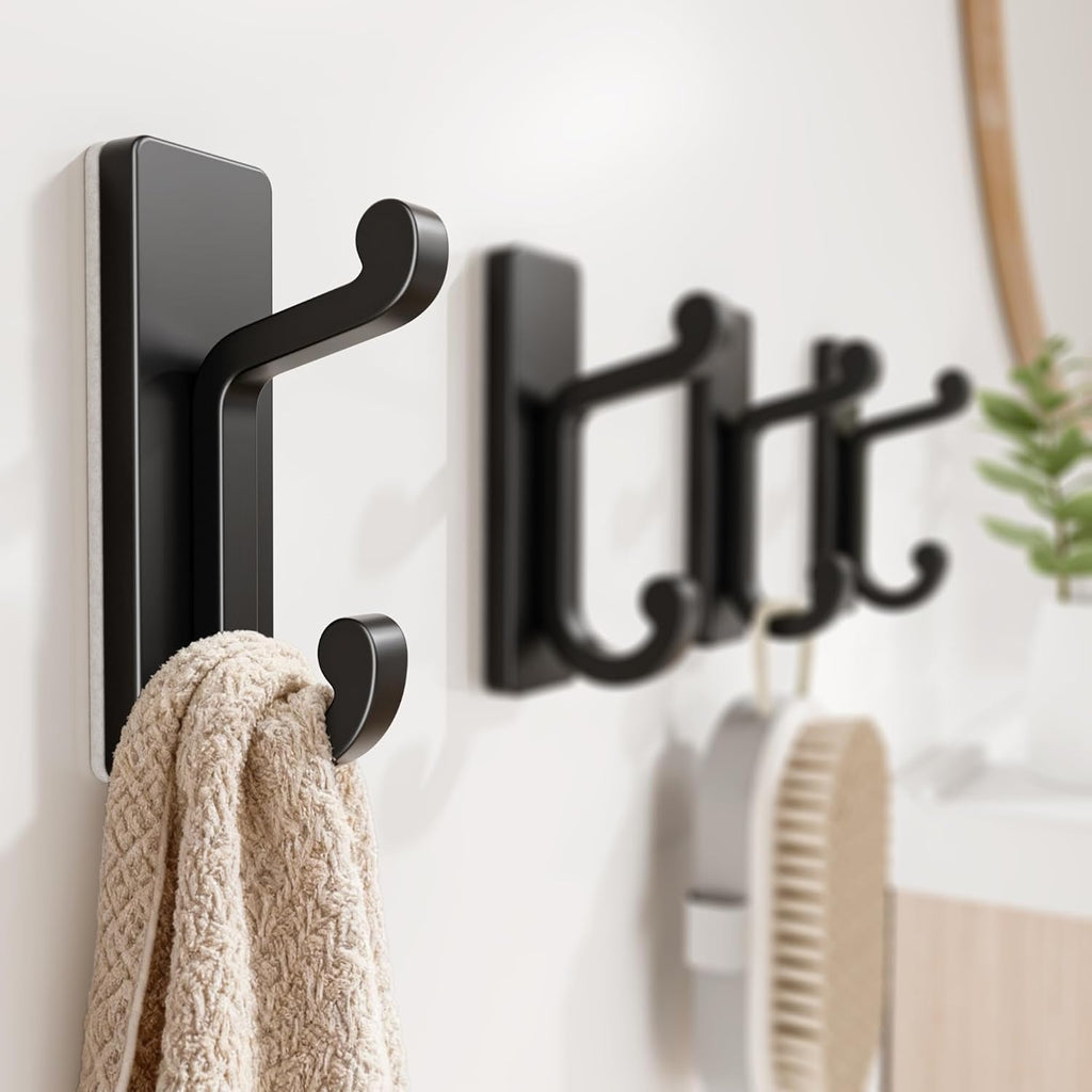 Skiennix Self-Adhesive Wall Hooks - Heavy-Duty Sticky Hangers for Clothes & Towels | 4 Pack, Black