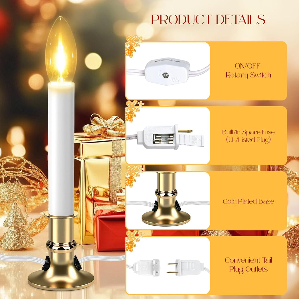 Skiennix Christmas Electric Window Candle Lights - 2 Pack with Gold Base & 6FT Cord | Clear Bulb & Suction Cups