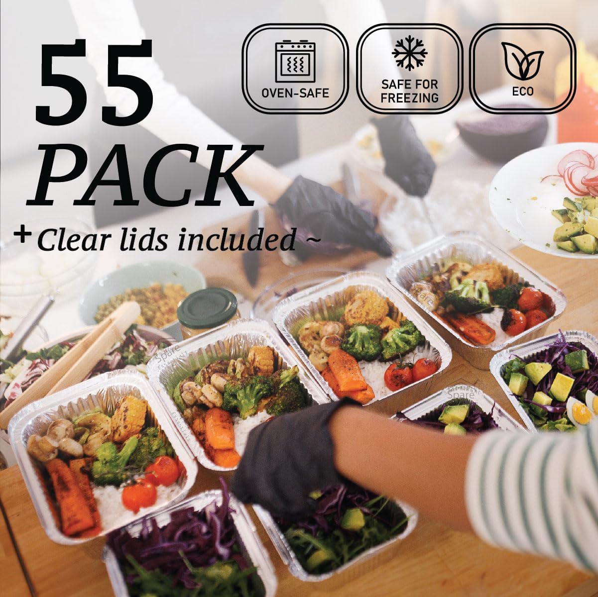 Spare Essentials | 1 Lb Aluminum Foil Pans with Lids - 55 Pack Mini Takeout Containers for Catering & Freezer - 5.5x4.5x1.9