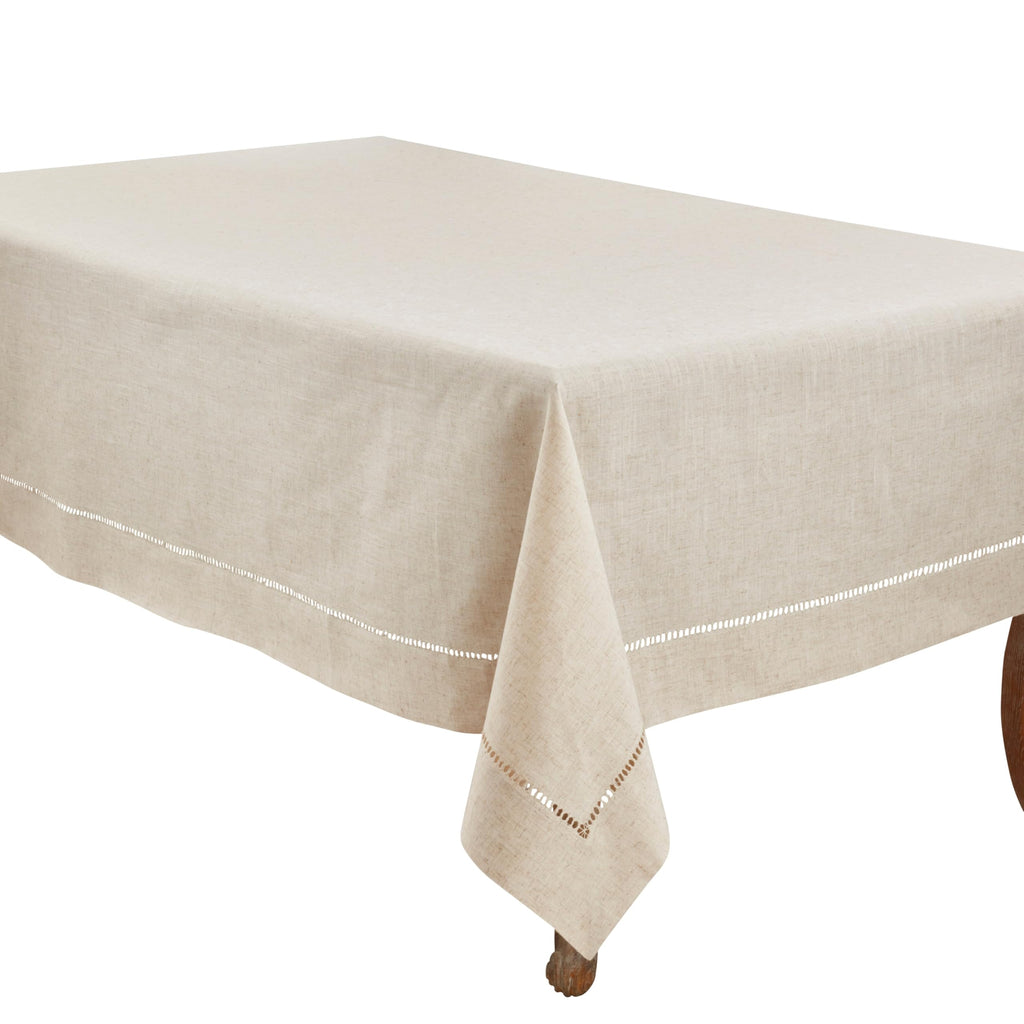 SARO LIFESTYLE Poly and Linen Blend Toscana Tablecloth with No Hemstitch Border, Natural, 108"