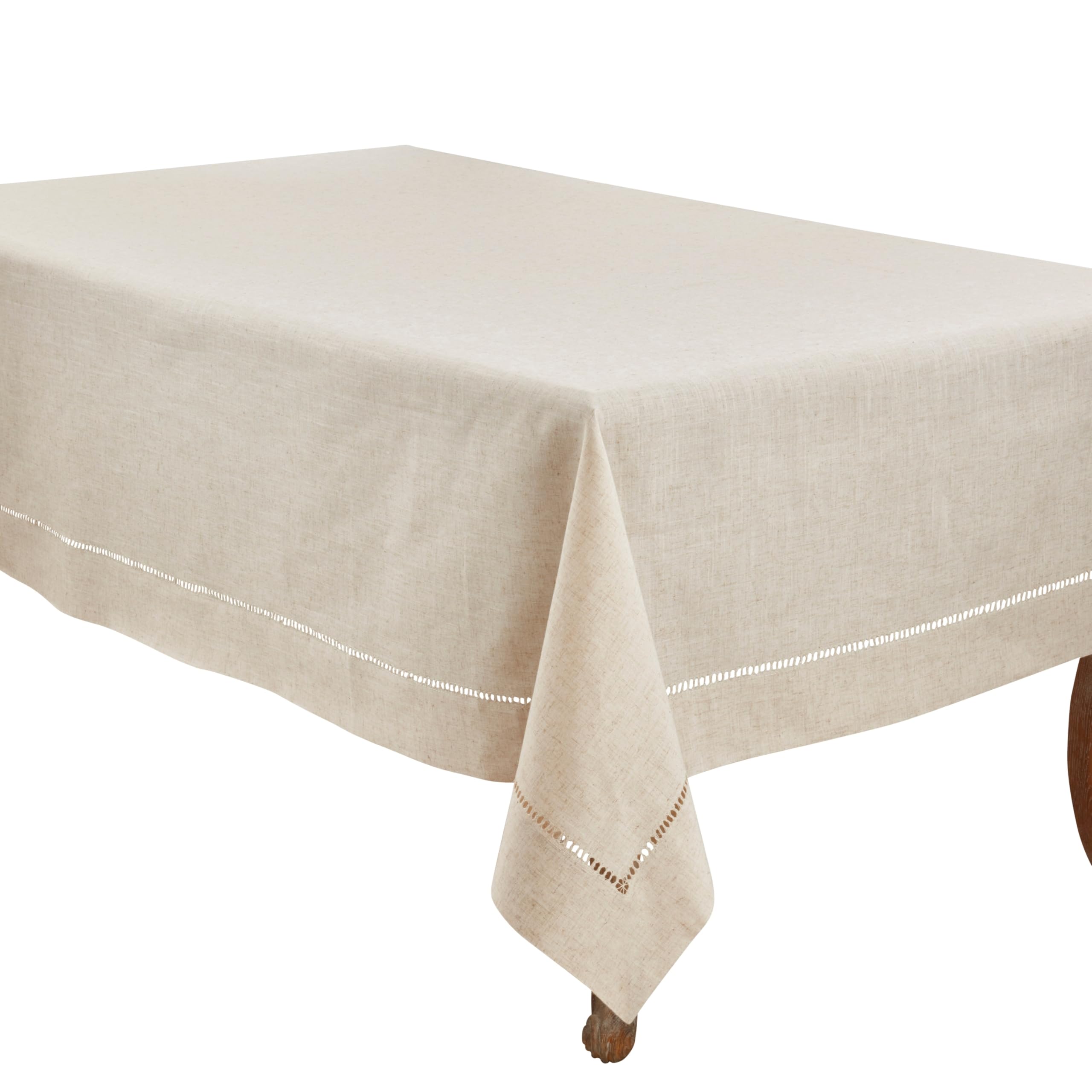 SARO LIFESTYLE Poly and Linen Blend Toscana Tablecloth with No Hemstitch Border, Natural, 90"x156"