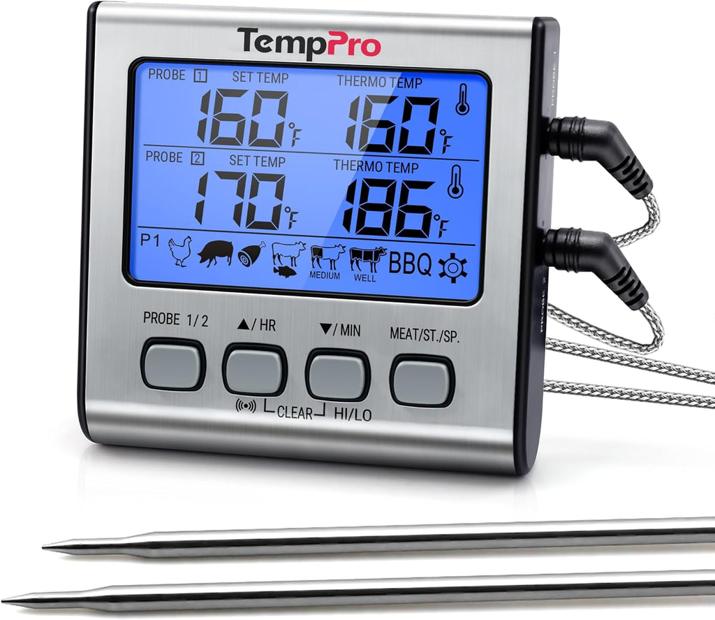 TempPro TP17 Dual Probe Digital Meat Thermometer - Large LCD Backlight & Timer for BBQ, Smoker, Oven - Silver