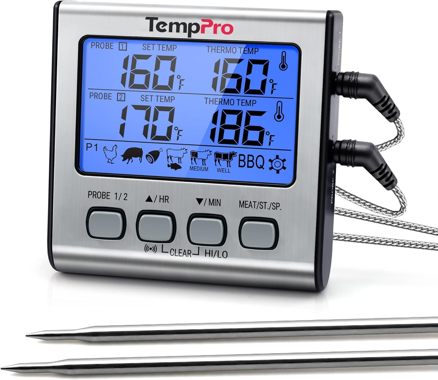 TempPro TP17 Dual Probe Digital Meat Thermometer - Large LCD Backlight & Timer for BBQ, Smoker, Oven - Silver