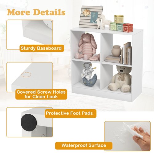 Costzon Toy Organizers and Storage, Wooden White 4-Cube Kids Bookcase for Books Toys Display Organization, Toddler Bookshelf for Bedroom, Living Room, Nursery, Playroom