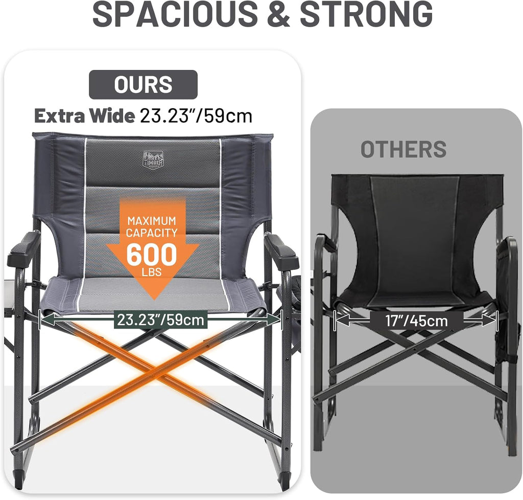 Timber Ridge XXL Oversized Directors Chair - Heavy Duty 600lbs Camping Chair with Cooler Bag & Table - Grey