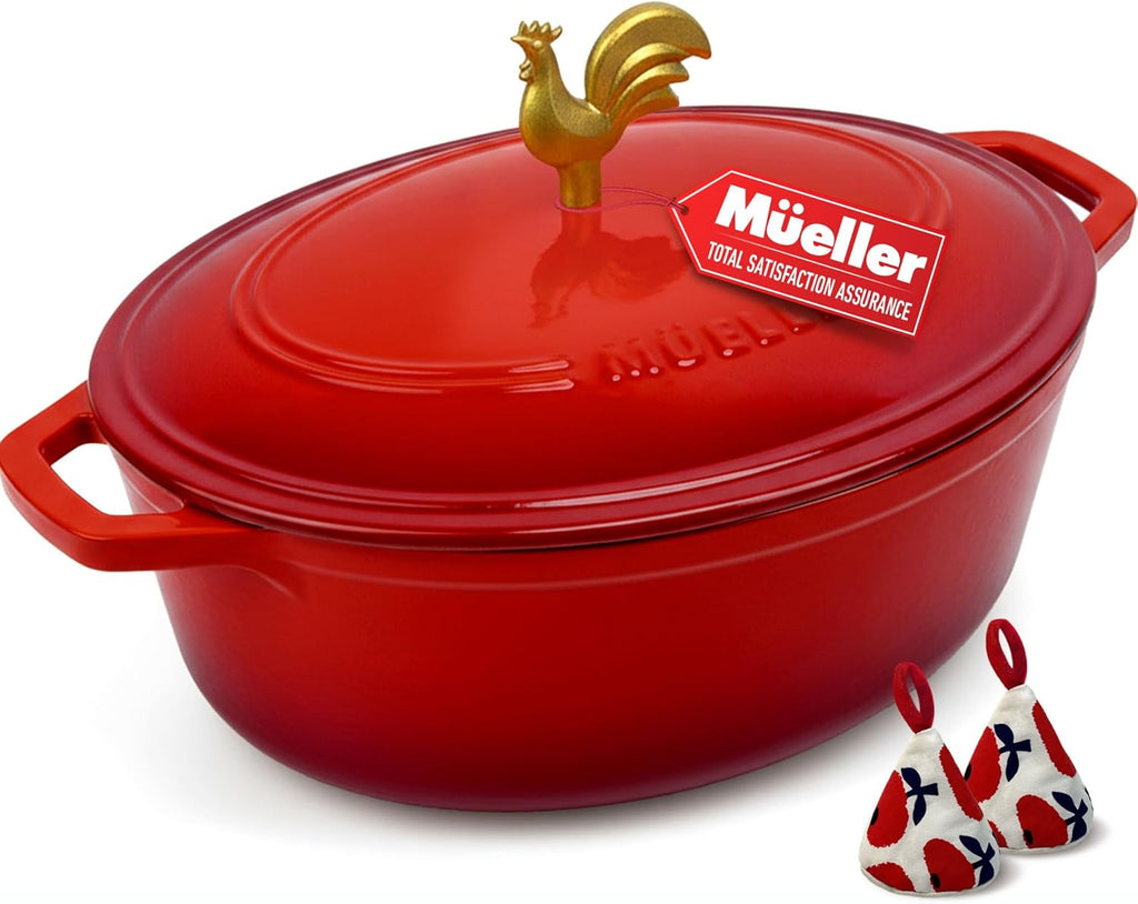 MUELLER HOME Enameled Cast Iron Dutch Oven - 5.5 Quart with Rooster Knob & Potholders, Oven-Safe to 500°F, Red