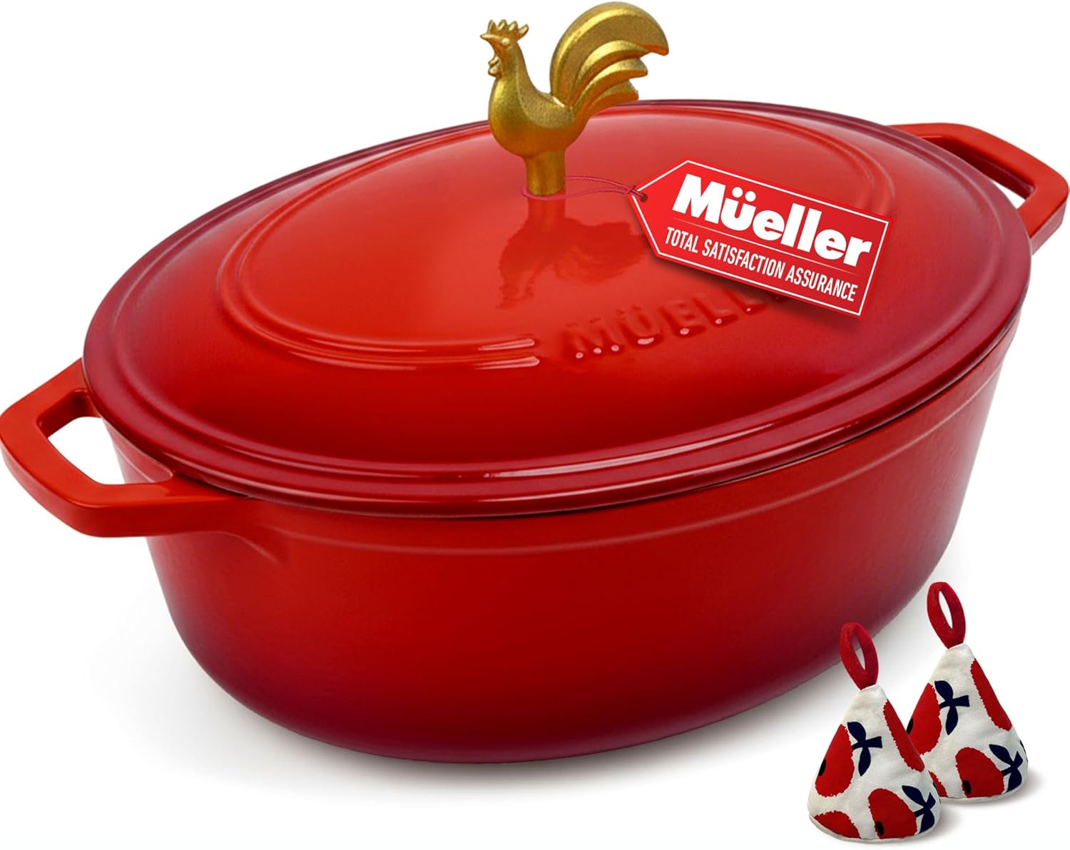 MUELLER HOME Enameled Cast Iron Dutch Oven - 5.5 Quart with Rooster Knob & Potholders, Oven-Safe to 500°F, Red