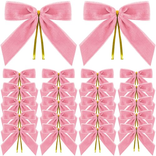 24 Pack Pink Velvet Twist Tie Bows for Christmas Tree, Pre-Tied Small Christmas Bows for Wreath, Tree, Gift Wrapping, Treat Bags, DIY Craft, Party Favors, Home Decoration (3.5x3.5Inch, 1" W)
