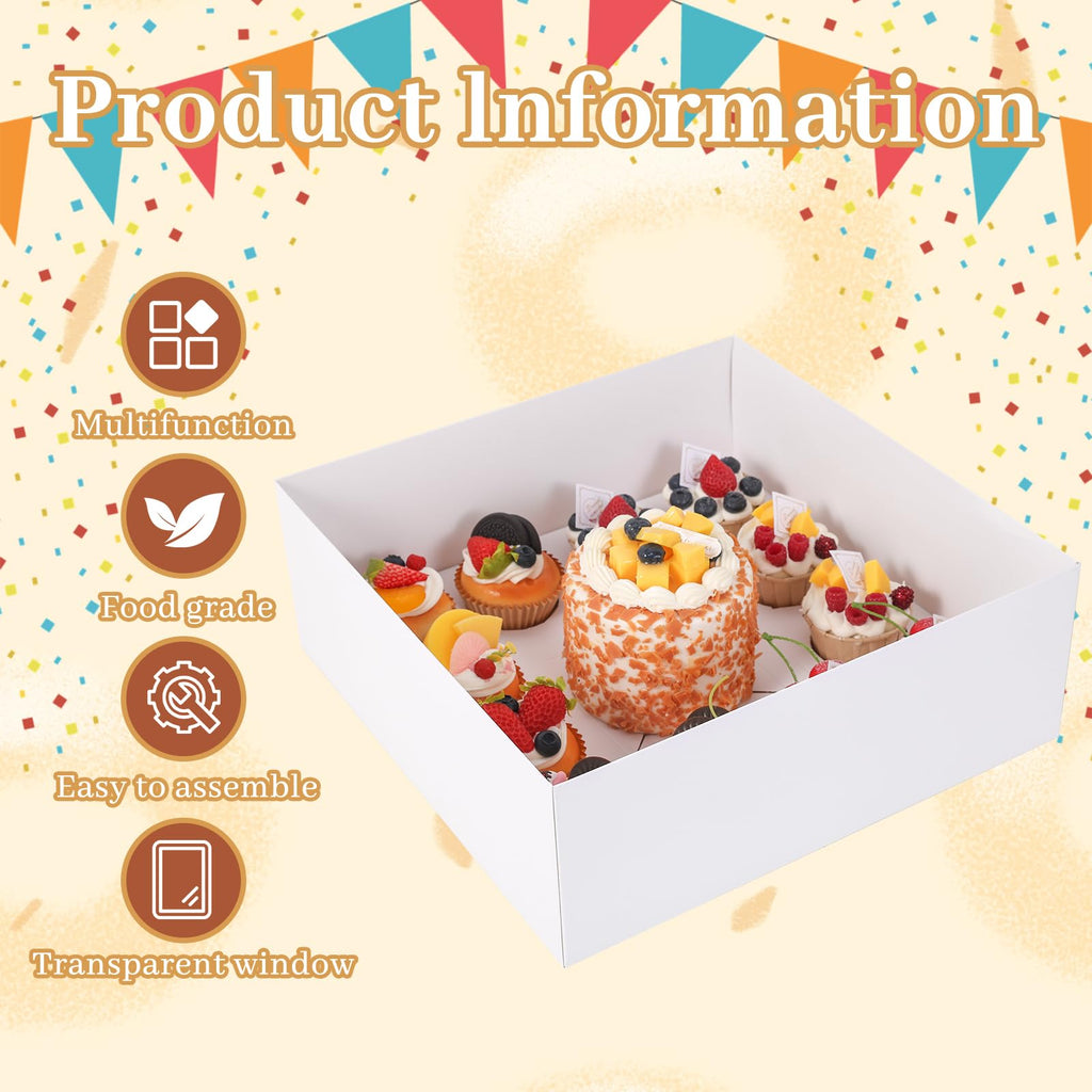 CHENZEM 5 Packs Bento Cake and Cupcake Box Fit 12 muffin Cupcakes and 1 Mini Cake Box with Clear Window and Stickers for Wedding Birthday Valentine'Day Party Baking Supplies (White, 1+12(5Pack))