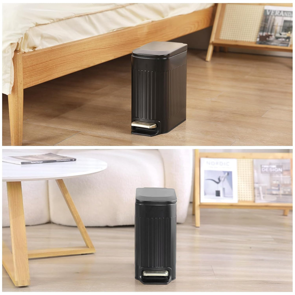 SYNCVIBE Slim Bathroom Trash Can - Foot-Operated Stainless Steel Bin with Soft Close Lid | 1.8 Gallons, Matt Black