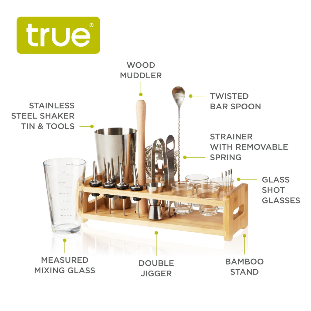 True 20-Piece Cocktail Shaker Bar Set with Wooden Stand Includes Boston Shaker, Mixing Glass, Muddler, Jigger, Strainer, Bartender Kit for Mixed Drinks, Cold Brew Cocktails, Home Bar Tools
