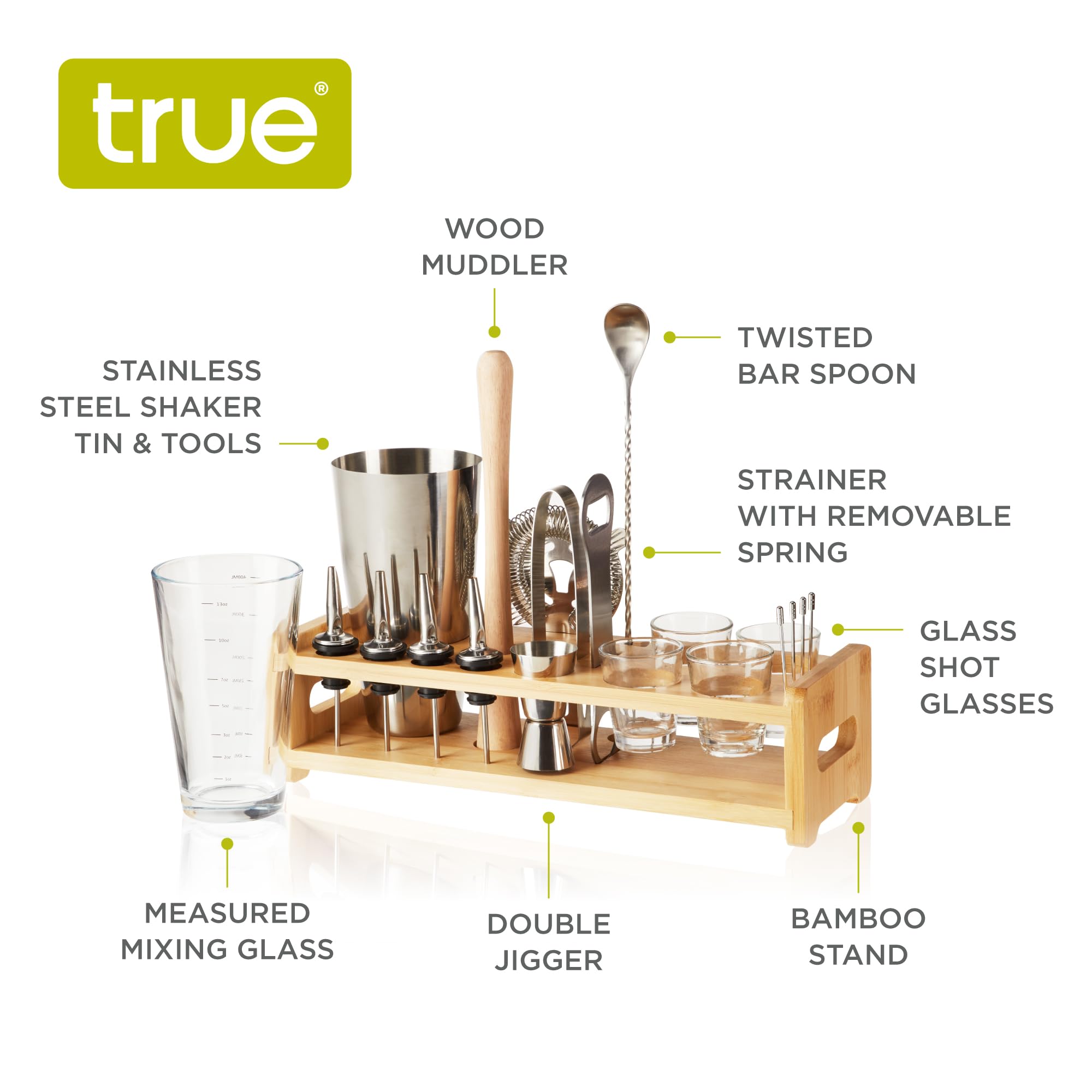 True 20-Piece Cocktail Shaker Bar Set with Wooden Stand Includes Boston Shaker, Mixing Glass, Muddler, Jigger, Strainer, Bartender Kit for Mixed Drinks, Cold Brew Cocktails, Home Bar Tools